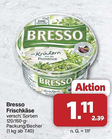 Bresso Frischkäse versch. Sorten 120/150-g-Packung/Becher