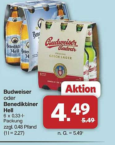 Budweiser oder Benediktiner Hell - 6 x 0,33-l-Packung