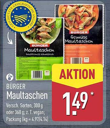 BÜRGER Maultaschen - Verschiedene Sorten, 300 g oder 360 g, z. T. vegan
