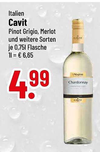 Cavit Chardonnay, Pinot Grigio, Merlot und weitere Sorten 0,75l Flasche für nur 4,99 €