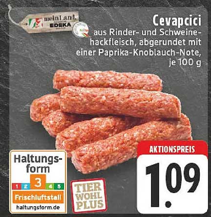 Cevapcici aus Rinder- und Schweinehackfleisch, abgerundet mit einer Paprika-Knoblauch-Note, je 100 g