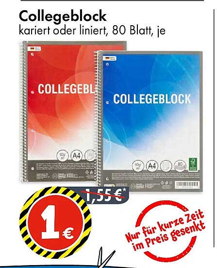 Collegeblock kariert oder liniert, 80 Blatt, je