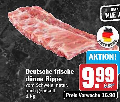 Deutsche frische dünne Rippe vom Schwein, natur, auch gepökelt - 1 kg