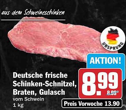 Deutsche frische Schinken-Schnitzel, Braten, Gulasch vom Schwein