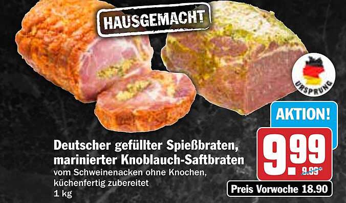 Deutscher gefüllter Spießbraten, marinierten Knoblauch-Saftbraten vom Schweinenacken ohne Knochen, küchenfertig zubereitet, 1 kg