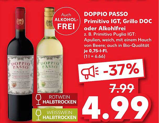 DOPPIO PASSO Primitivo IGT, Grillo DOC oder Alkoholfrei