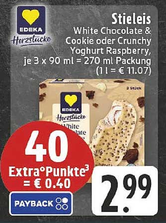 EDEKA Herzstücke Stieleis – White Chocolate & Cookie oder Crunchy Yoghurt Raspberry
