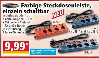 Farbige Steckdosenleiste, einzeln schaltbar