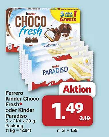 Ferrero Kinder Choco Fresh* oder Kinder Paradiso 5 x 21/4 x 29-g-Packung