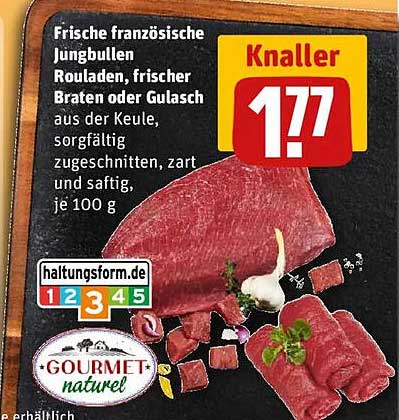 Frische französische Jungbullen Rouladen, frischer Braten oder Gulasch aus der Keule