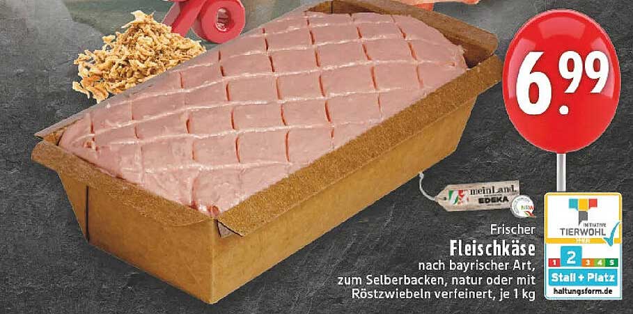 Frischer Fleischkäse nach bayerischer Art, zum Selberbacken, natur oder mit Röstzwiebeln verfeinert, je 1 kg