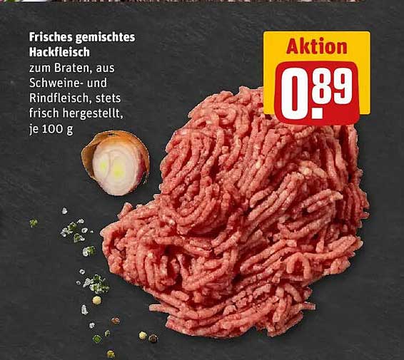 Frisches gemischtes Hackfleisch zum Braten, aus Schweine- und Rindfleisch, stets frisch hergestellt, je 100 g