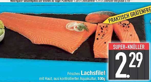 Frisches Lachsfilet mit Haut, aus kontrollierter Aquakultur, 100g
