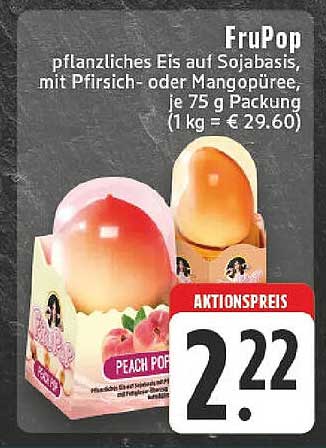 FruPop pflanzliches Eis auf Sojabasis mit Pfirsich- oder Mangopüree, je 75 g Packung