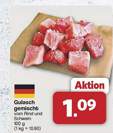 Gulasch gemischt vom Rind und Schwein - 100 g für 1,09 €