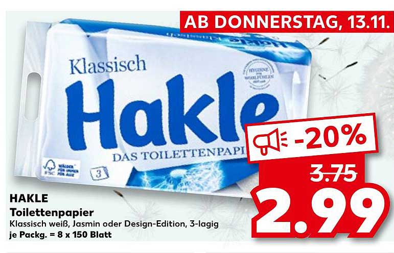 HAKLE Toilettenpapier Klassisch, Jasmin oder Design-Edition, 3-lagig, 8 x 150 Blatt pro Packung