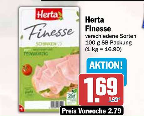 Herta Finesse verschiedene Sorten 100 g SB-Packung (1 kg = 16,90)