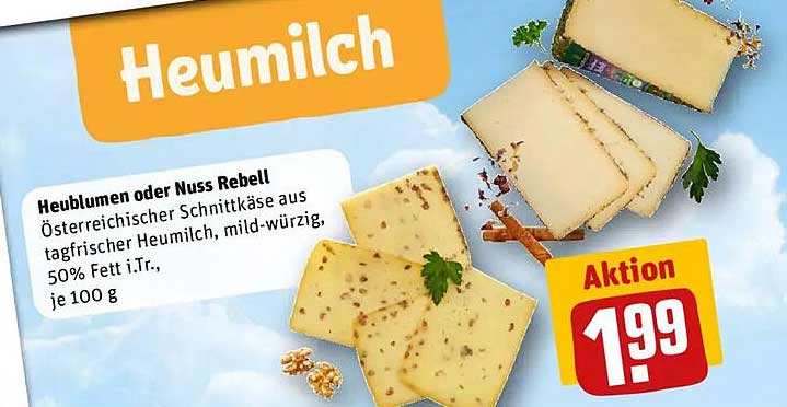 Heublumen oder Nuss Rebell - Österreichischer Schnittkäse aus tagfrischer Heumilch, mild-würzig, 50% Fett i.Tr., je 100 g