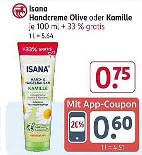 Isana Handcreme Olive oder Kamille je 100 ml + 33% gratis