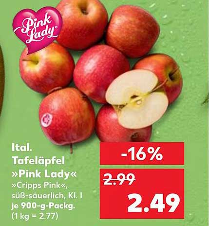 Ital. Tafeläpfel »Pink Lady« »Cripps Pink«, süß-säuerlich, Kl. I je 900-g-Pack.