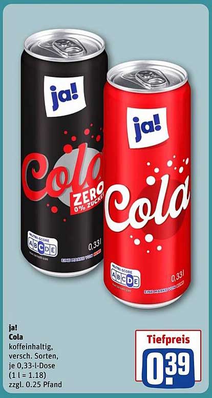 ja! Cola (0,33l) - Koffeinhaltige Erfrischung zum Tiefpreis