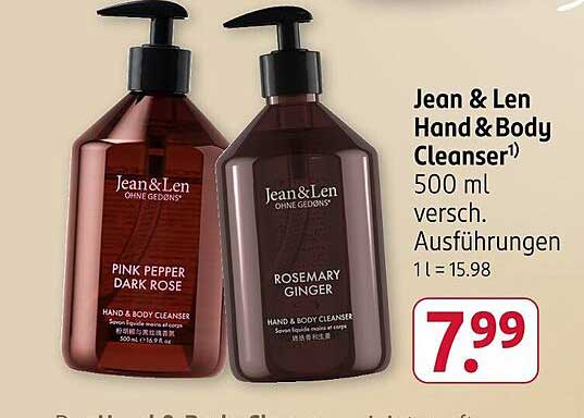 Jean & Len Hand & Body Cleanser 500 ml – Pink Pepper Dark Rose oder Rosemary Ginger