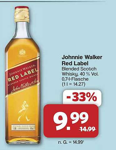 Johnnie Walker Red Label Blended Scotch Whisky, 40% Vol, 0,7l-Flasche