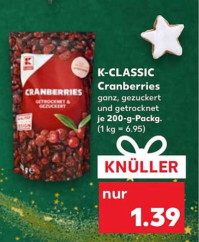 K-CLASSIC Cranberries ganz, gezuckert und getrocknet 200-g-Pack.