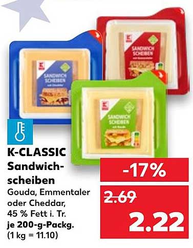K-CLASSIC Sandwichscheiben Gouda, Emmentaler oder Cheddar - 200 g Packung