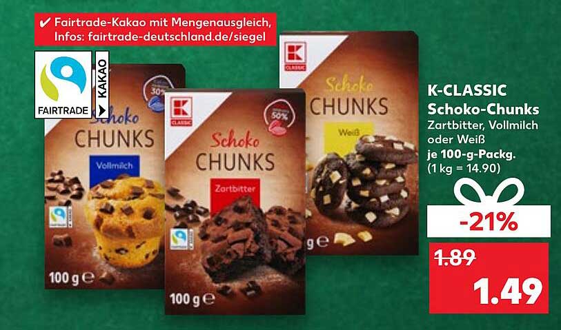 K-CLASSIC Schoko-Chunks Zartbitter, Vollmilch oder Weiß je 100-g-Pack.