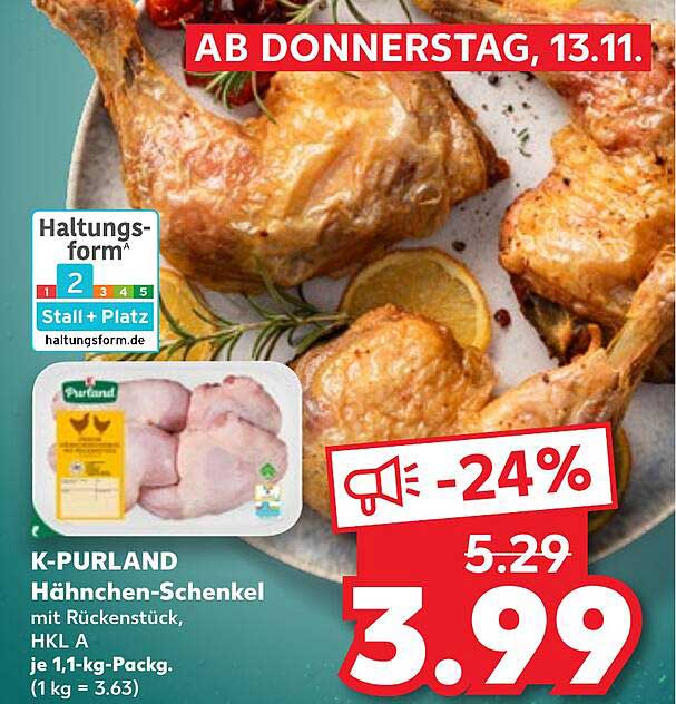 K-PURLAND Hähnchen-Schenkel mit Rückenstück, HKL A, je 1,1-kg-Packung