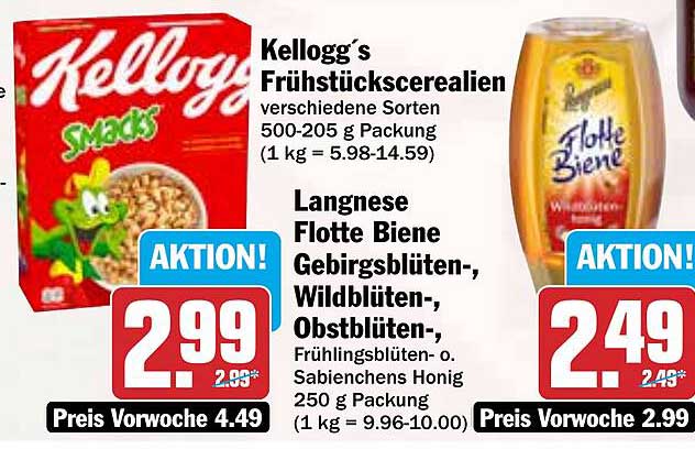 Kellogg´s Frühstückscerealien 500-205 g Packung und Langnese Flotte Biene Honig 250 g Packung