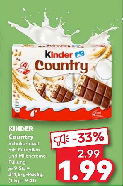 KINDER Country Schokoriegel mit Cerealien und Milchcreme-Füllung