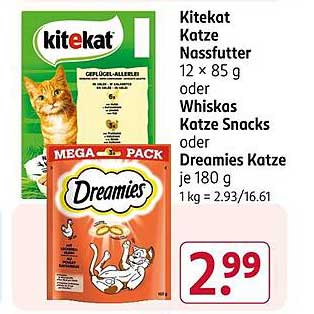 Kitekat Katze Nassfutter 12 x 85 g oder Whiskas Katze Snacks oder Dreamies Katze je 180 g