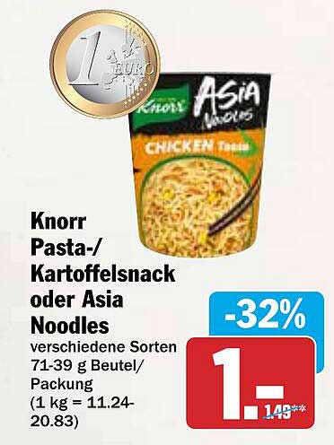 Knorr Pasta-/Kartoffelsnack oder Asia Noodles