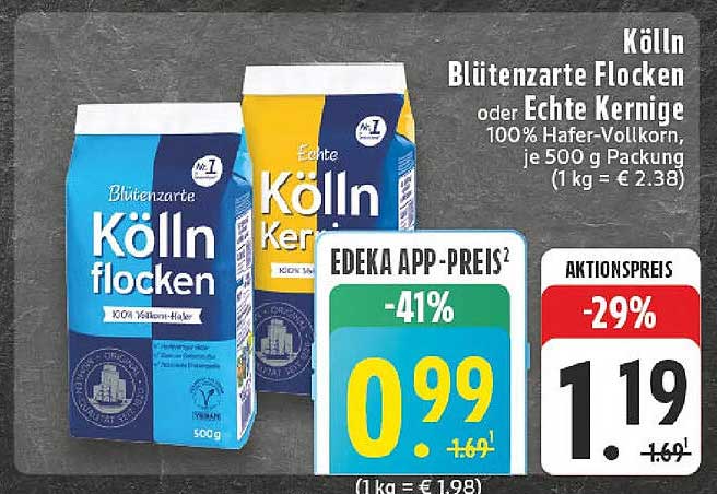 Kölln Blütenzarte Flocken oder Echte Kernige 100% Hafer-Vollkorn, je 500 g Packung