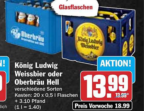 König Ludwig Weissbier oder Oberbräu Hell - 20 x 0,5 Liter Kasten