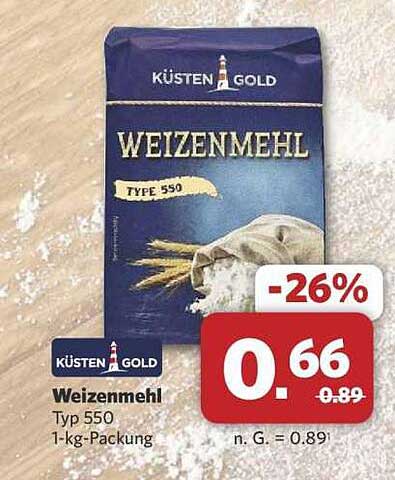 KÜSTEN GOLD Weizenmehl Typ 550 - 1-kg-Packung