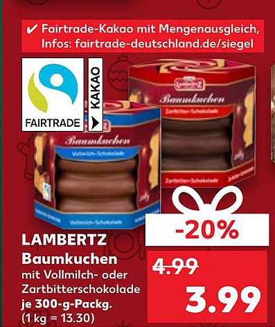 LAMBERTZ Baumkuchen mit Vollmilch- oder Zartbitterschokolade 300-g-Packung