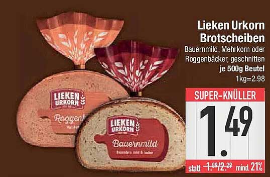Lieken Urkorn Brotschreiben – Bauernmilch, Mehrkorn oder Roggenbäcker, geschnitten je 500g Beutel