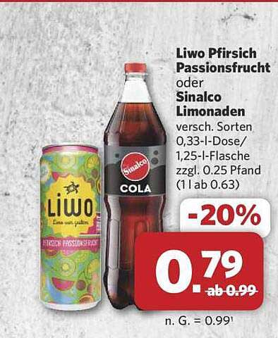 Liwo Pfirsich Passionsfrucht oder Sinalco Limonaden