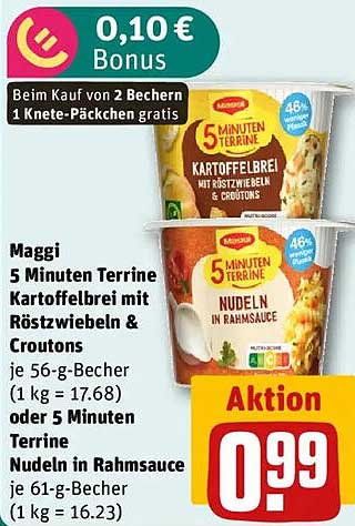 Maggi 5 Minuten Terrine Kartoffelbrei mit Röstzwiebeln & Croutons und Nudeln in Rahmsauce