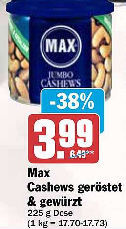 Max Cashews geröstet & gewürzt 225 g Dose