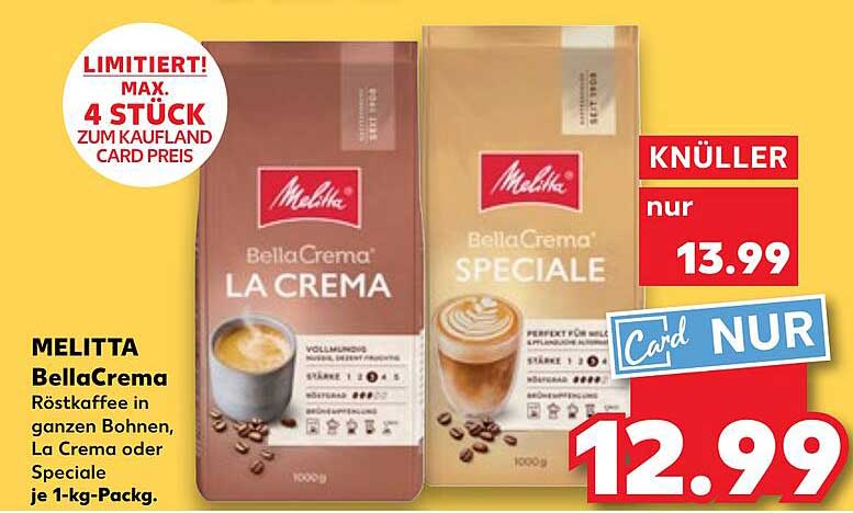 MELITTA BellaCrema Röstkaffee in ganzen Bohnen, La Crema oder Speciale je 1-kg-Pack.