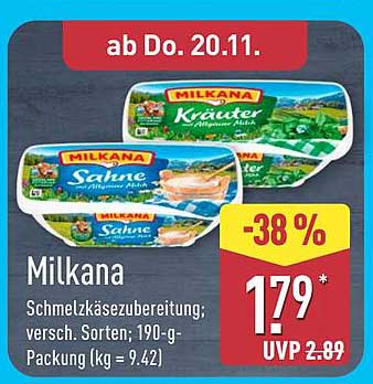 Milkana Schmelzkäsezubereitung, verschiedene Sorten, 190-g-Packung