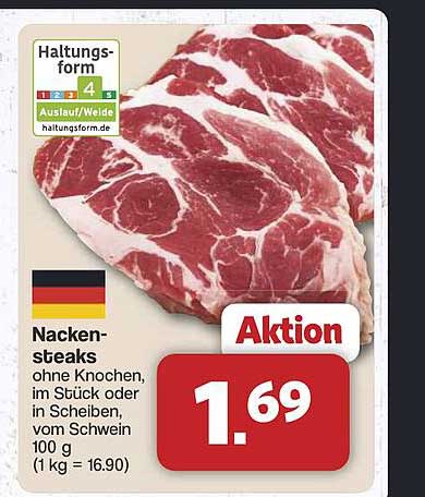 Nackensteaks ohne Knochen, im Stück oder in Scheiben vom Schwein