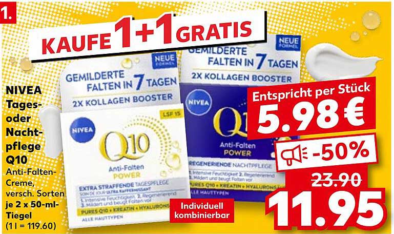 NIVEA Tages- oder Nachtpflege Q10 Anti-Falten-Creme, 2 x 50-ml-Tiegel
