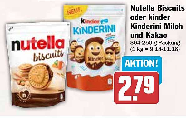 Nutella Biscuits oder Kinder Kinderini Milch und Kakao, 304-250 g Packung
