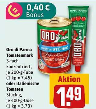 Oro di Parma Tomatenmark 3-fach konzentriert je 200-g-Tube oder italienische Tomaten Stückig 400-g-Dose
