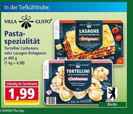 Pasta-Spezialität von Villa Gusto: Tortellini Carbonara oder Lasagne Bolognese